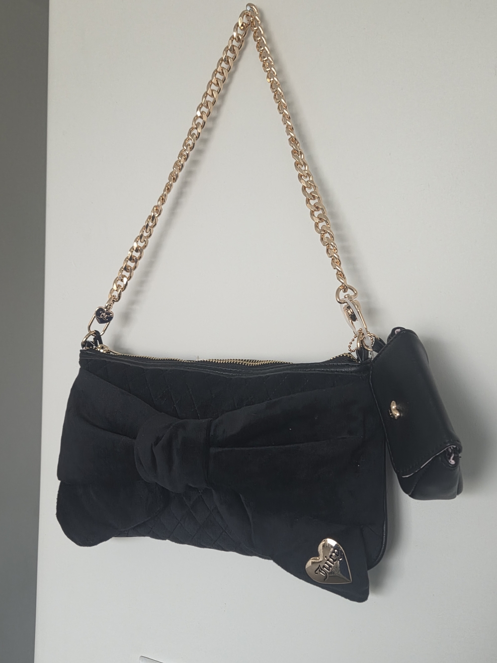 Juicy Couture Black Quilted Bow Shoulder Bag with Gold Chain Strap
